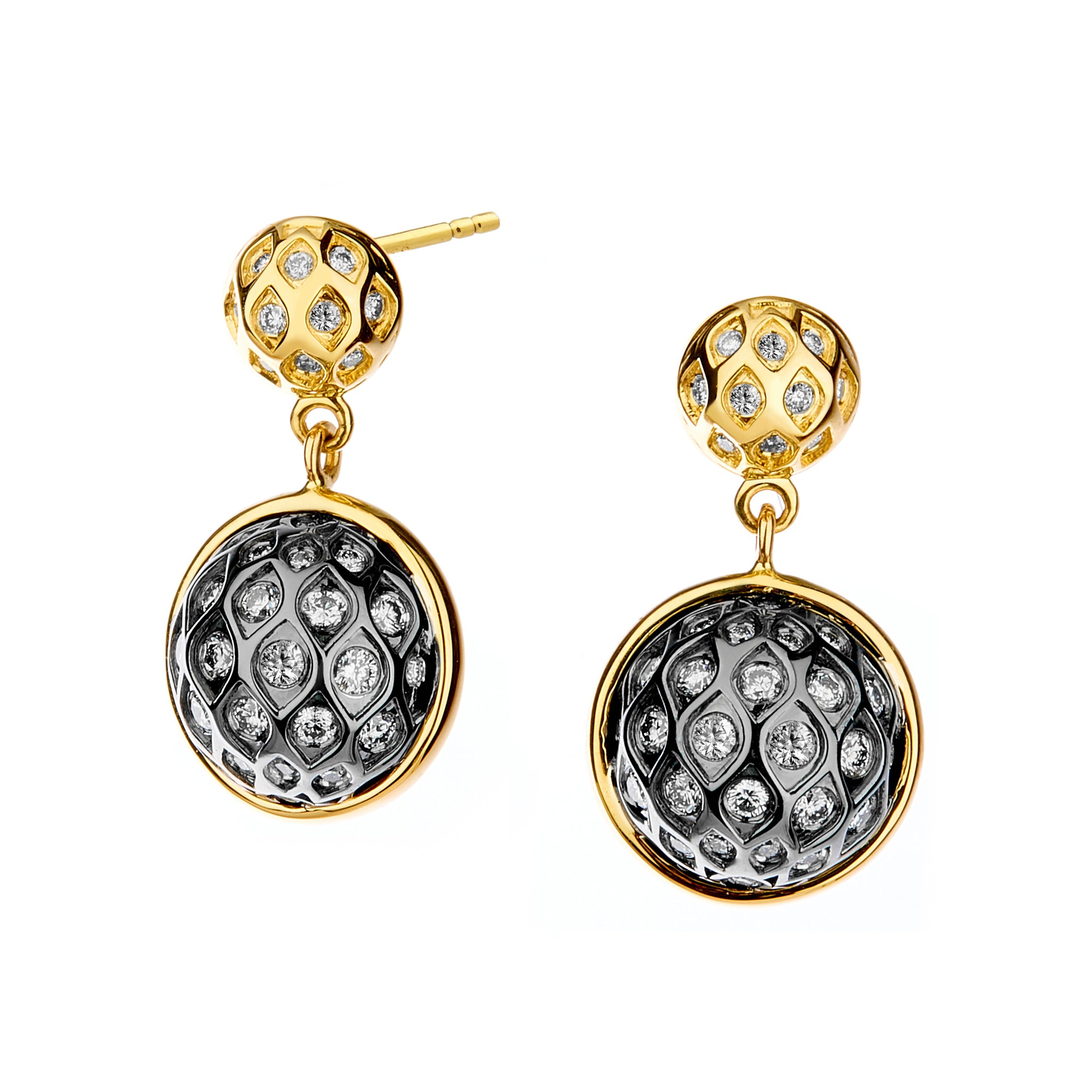 Big Ball Diamond Drop Earrings in Oxidized Sterling Silver and Yellow Gold
