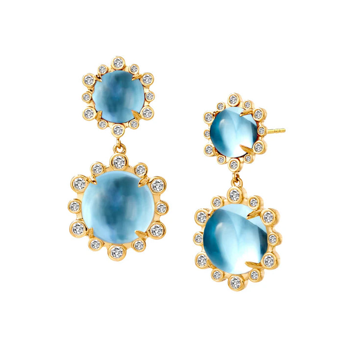 Cabochon Blue Topaz Double Drop Earrings in Yellow Gold