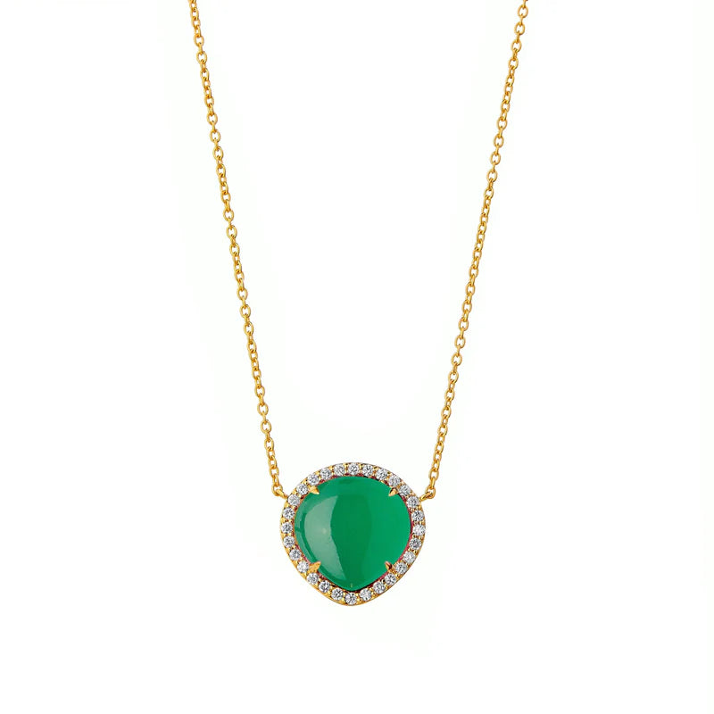 Green Chalcedony Heart Cabochon Diamond Necklace in Yellow Gold