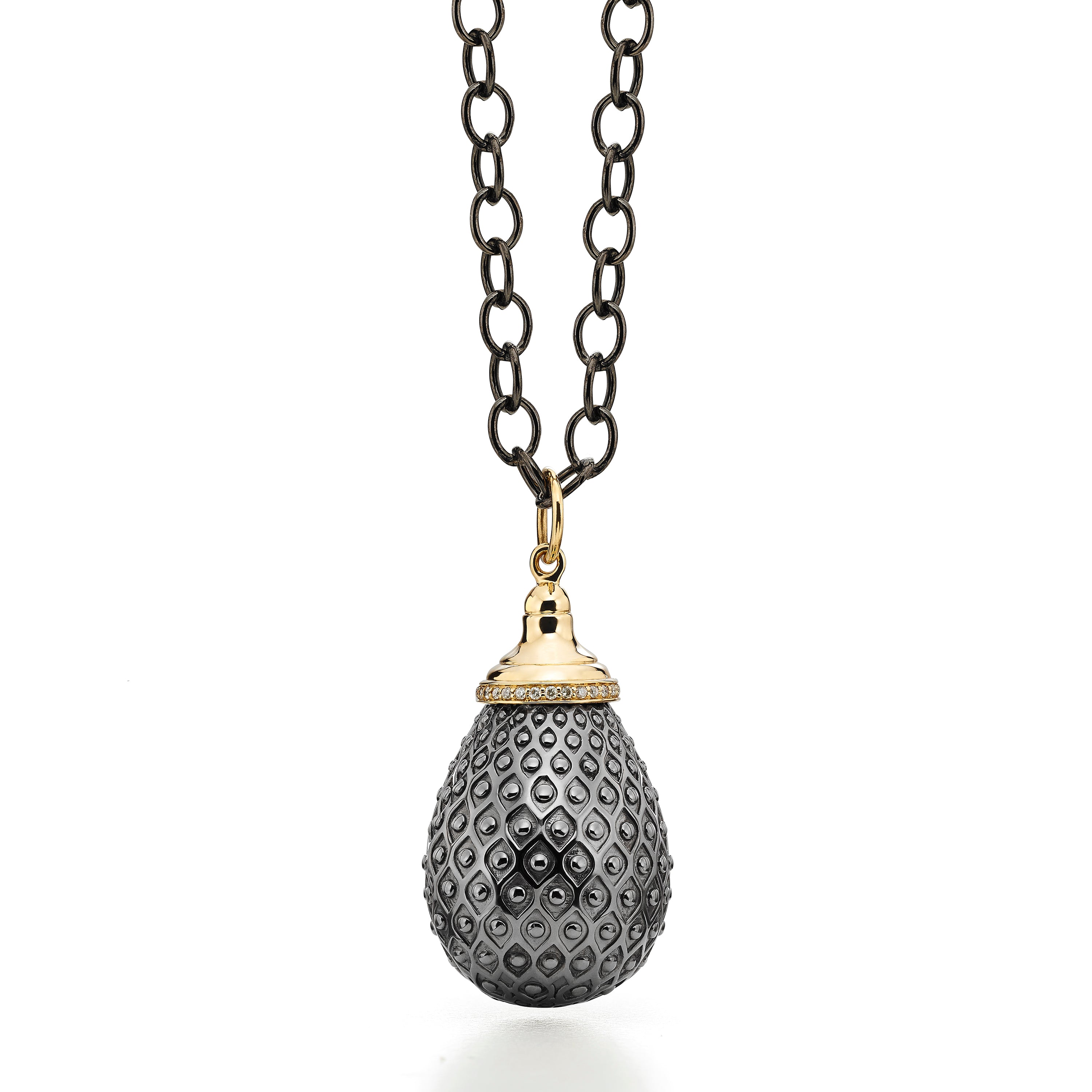 Medium Diamond Drop Pendant in Yellow Gold and Oxidized Sterling Silver