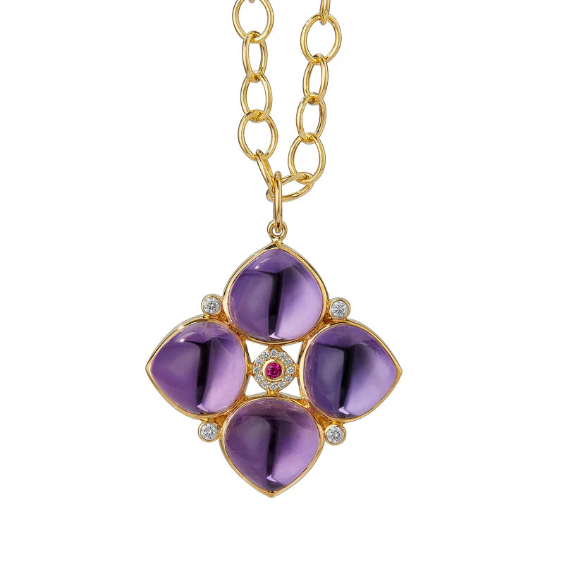 Mogul Amethyst Flower Pendant in Yellow Gold