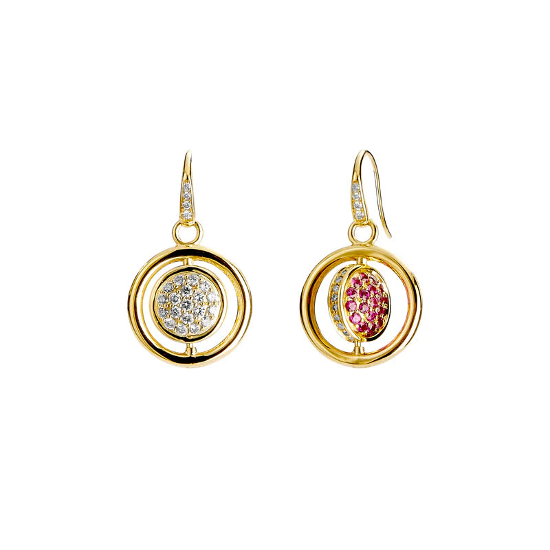 Chakra Ruby & Diamond Reversible Earrings in Yellow Gold