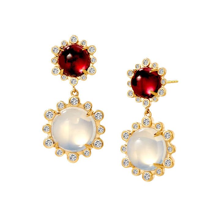 Cabochon Garnet and Moon Quartz Double Drop Earrings in Yellow Gold