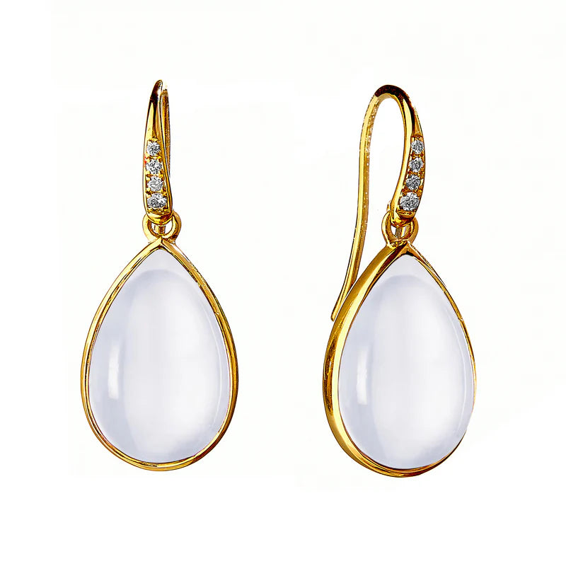 Moon Quartz Pear Cabochon Earrings in Yellow Gold