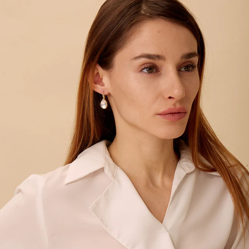 Moon Quartz Pear Cabochon Earrings in Yellow Gold