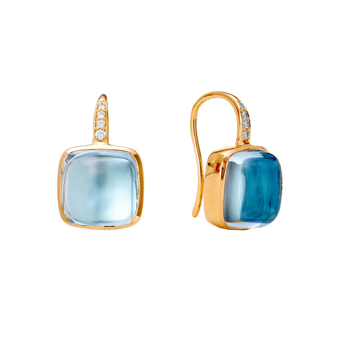 Sugarloaf Blue Topaz Cabochon Earrings in Yellow Gold