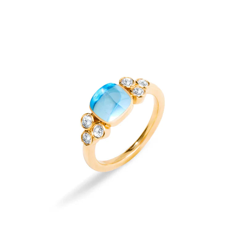 Sugarloaf Blue Topaz Cabochon Diamond Ring in Yellow Gold