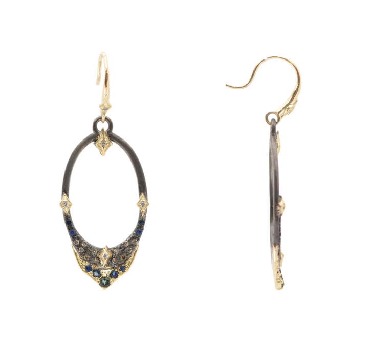 Pointed Oval Drop Earrings with Tourmaline, Sapphire and Champagne Diamonds