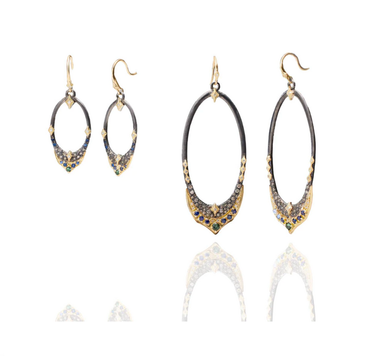 Pointed Oval Drop Earrings with Tourmaline, Sapphire and Champagne Diamonds