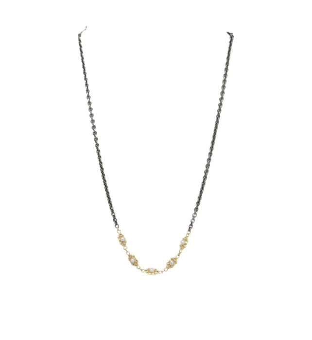 Pearl Station Necklace with Diamonds in Yellow Gold and Blackened Silver