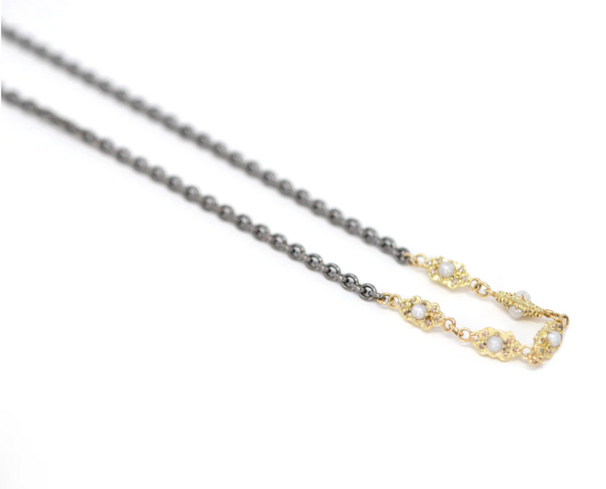 Pearl Station Necklace with Diamonds in Yellow Gold and Blackened Silver