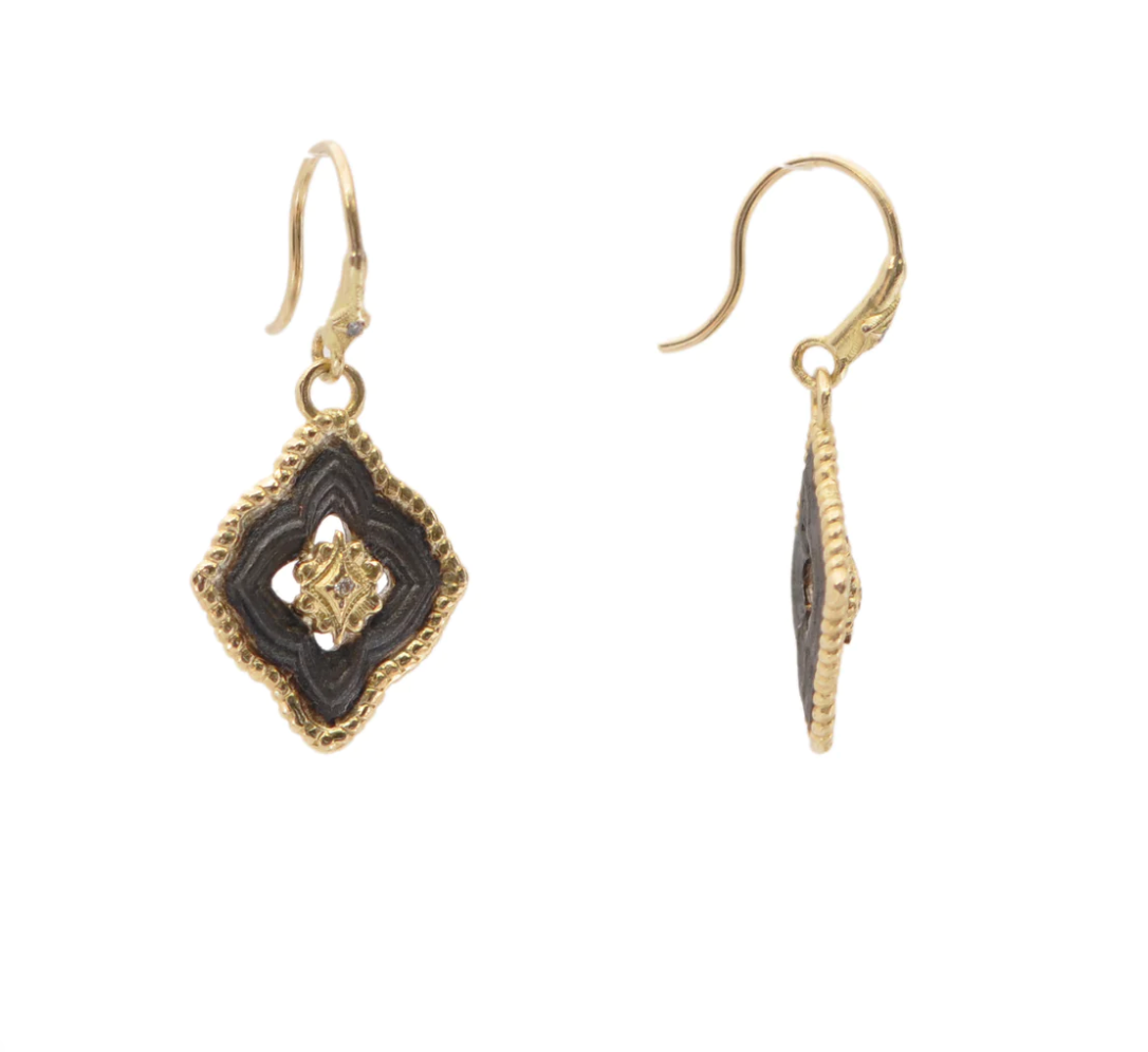 Old World Crivelli Scroll Diamond Drop Earrings in Yellow Gold and Blackened Sterling Silver