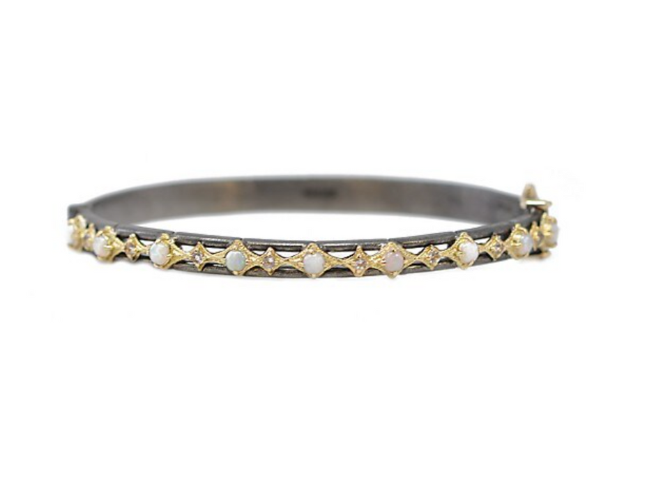 Crivelli Oval Hinged Bangle Bracelet with Pearls and Champagne Diamonds in Silver and Gold