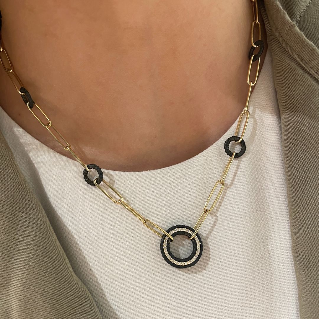 Ridge Pave Diamond Wheel Necklace in Yellow Gold and Cobalt Chrome