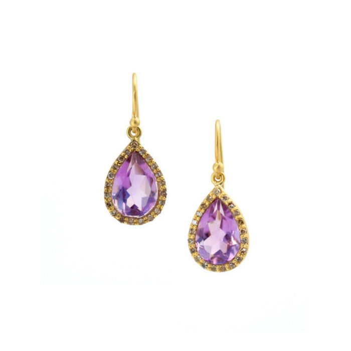 Amethyst Teardrop Halo Earrings in Yellow Gold