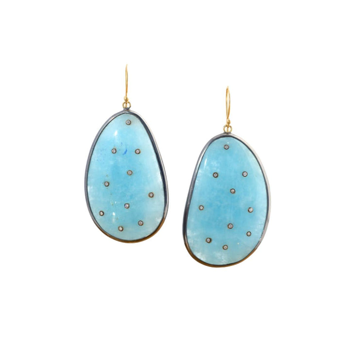 Rustic Aquamarine Diamond Earrings in Yellow Gold and Oxidized Sterling Silver