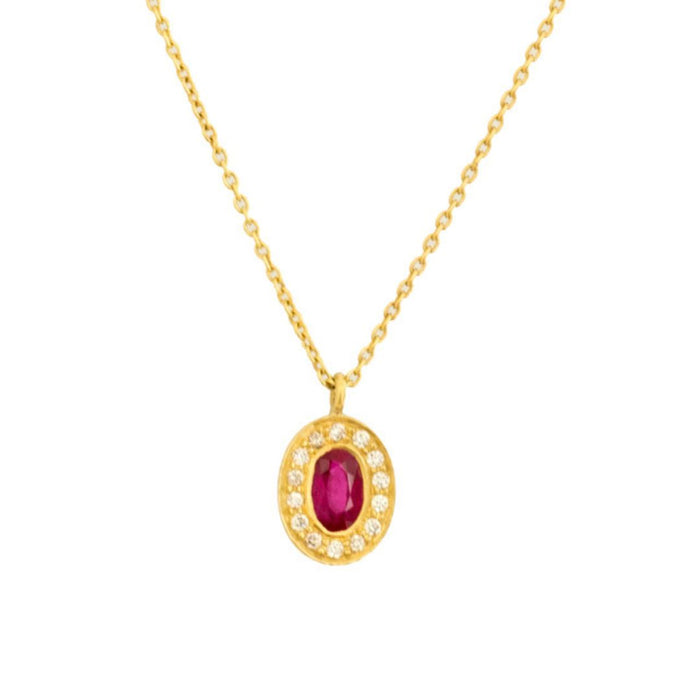 Oval Burmese Ruby Diamond Pendant Necklace in Yellow Gold