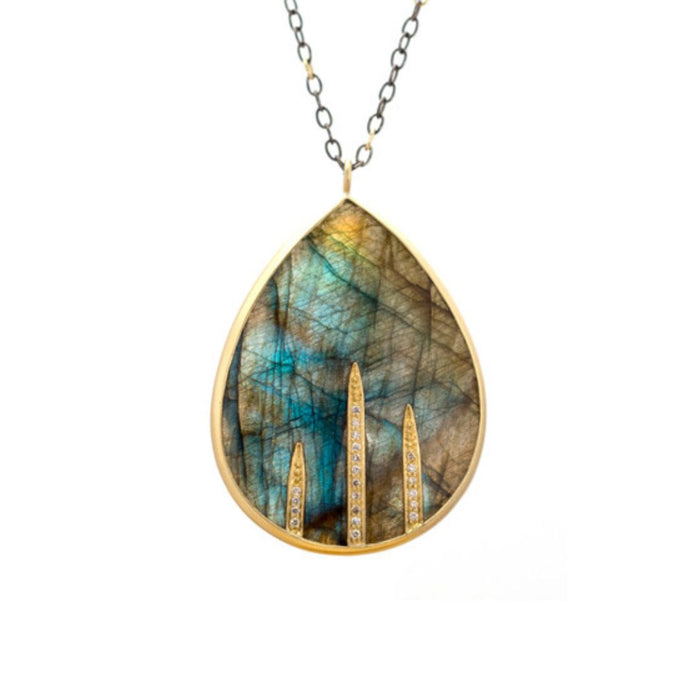 Labradorite Diamond Inlay Drop Necklace in Yellow Gold and Oxidized Sterling Silver