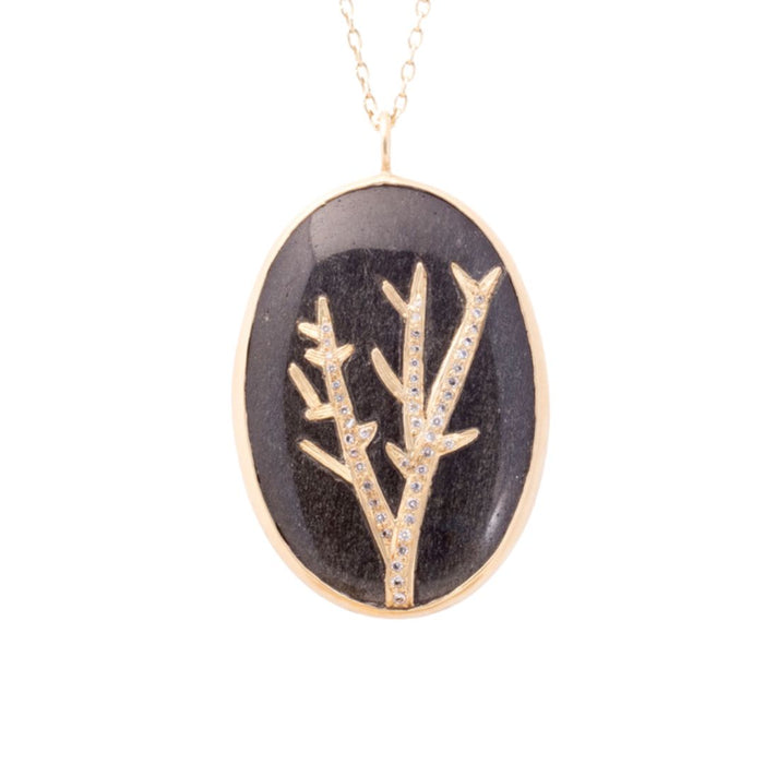 Black Obsidian Diamond Branch Pendant Necklace in Yellow Gold