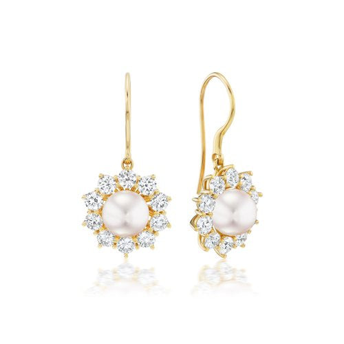 Small Floral Pearl Drop Earrings in Yellow Gold