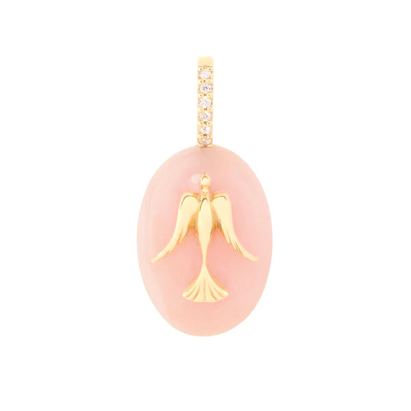 Small Pink Opal Cabochon Dove Pendant in Yellow Gold