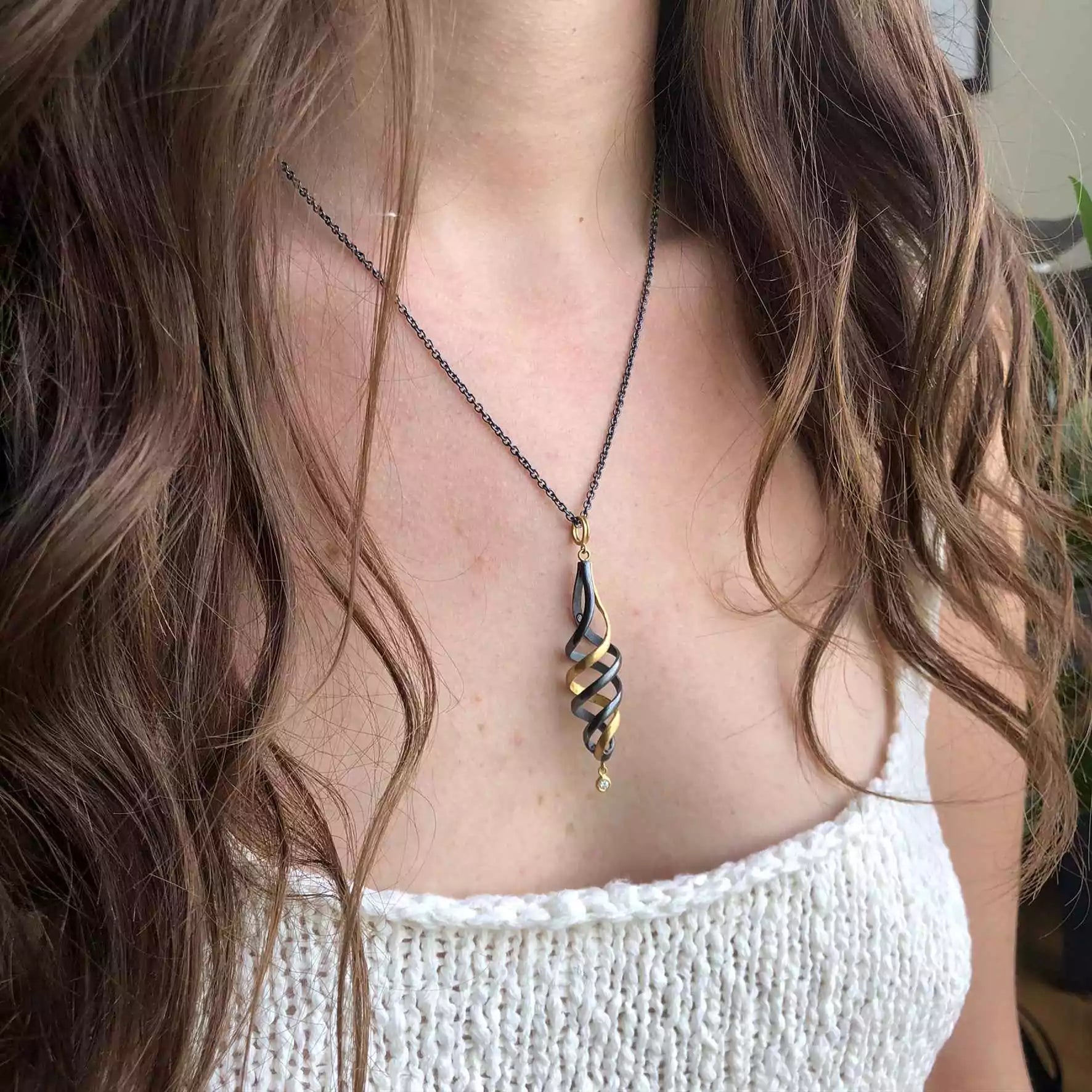 Twirl Pendant Necklace in Oxidized Sterling Silver and Yellow Gold