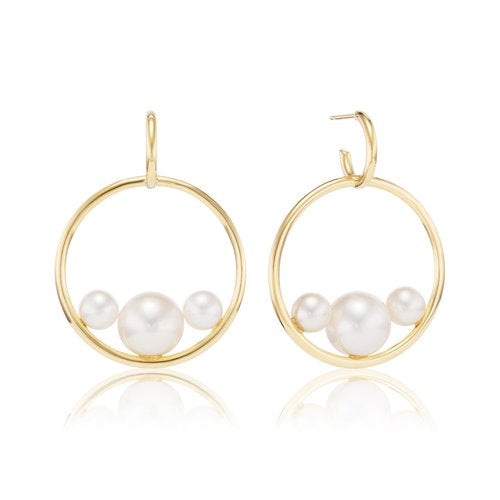Triple Pearl Hoops in Yellow Gold