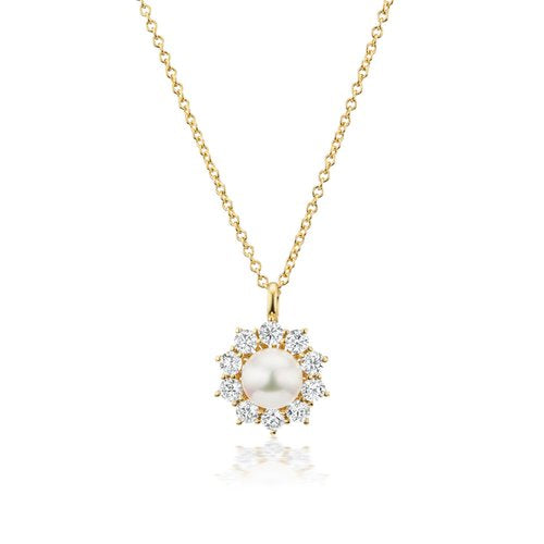 White Floral Pearl & Diamond Pendant Necklace in Yellow Gold