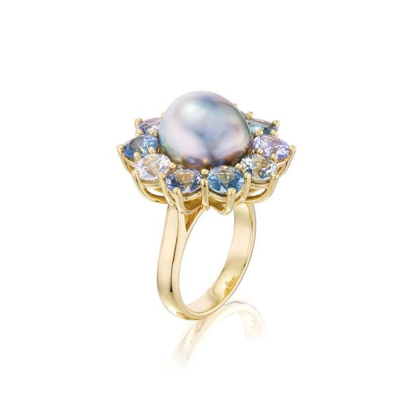 Blue Floral Pearl Ring in Yellow Gold