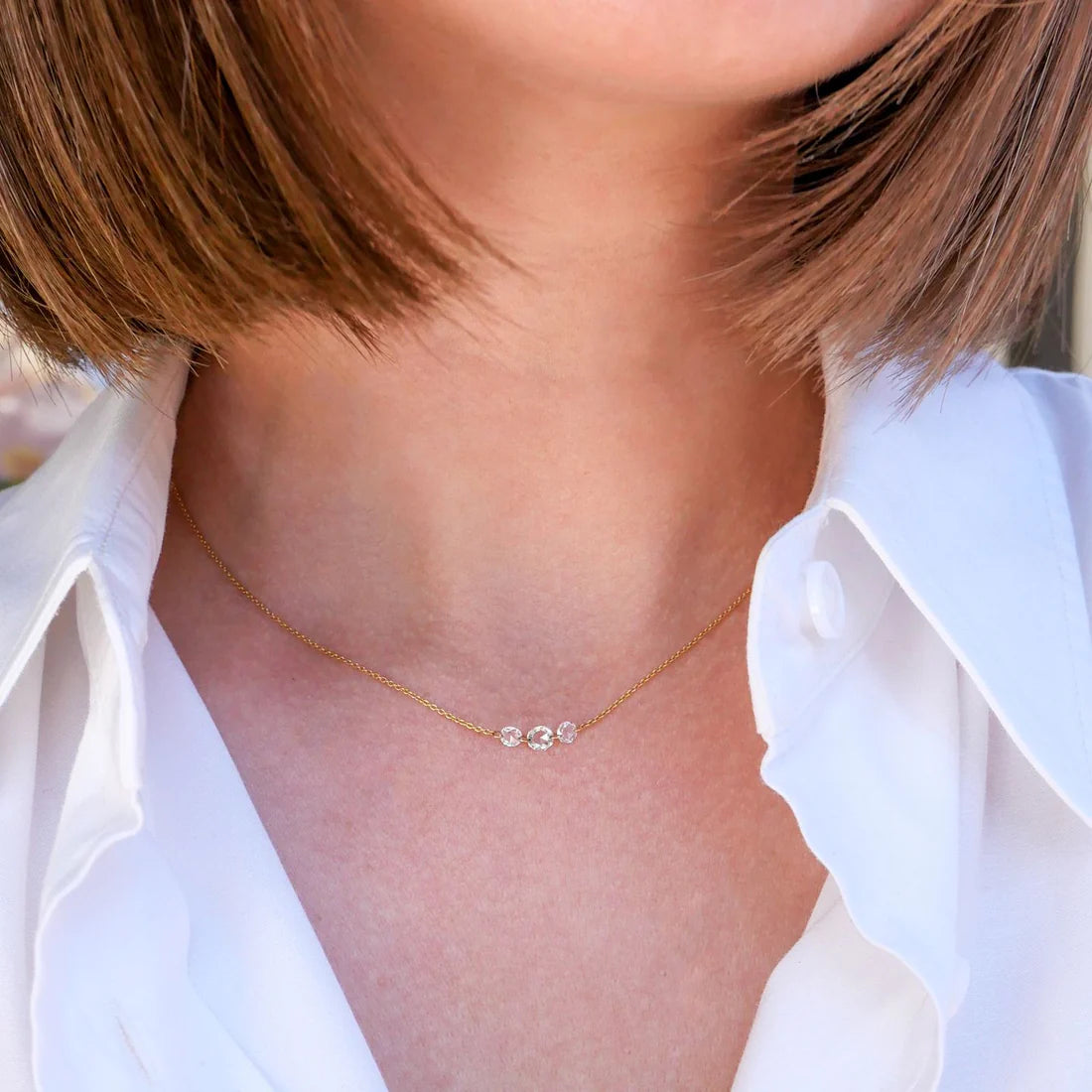 Cien 3 Stone White Diamond Necklace in Yellow Gold