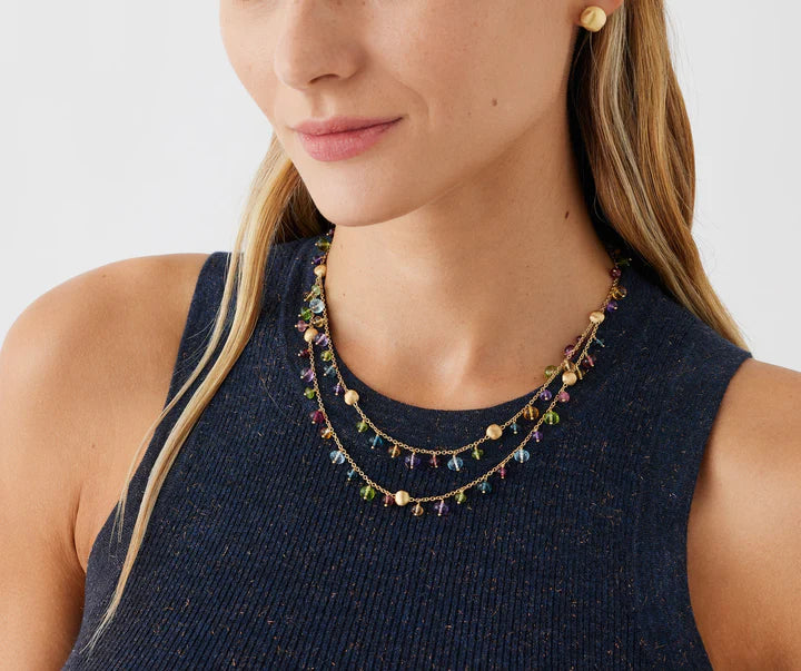 Africa Gemstone Two Strand Necklace in Yellow Gold