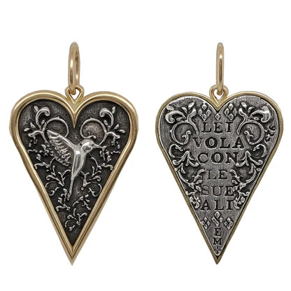 Small Slim Heart + Floral Hummingbird Charm in Oxidized Sterling Silver and Yellow Gold
