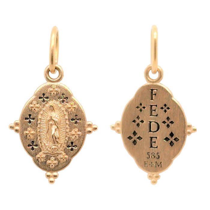 Small Ornate Oval Mary Charm in Yellow Gold