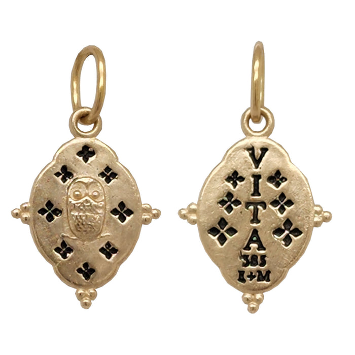 Small Ornate Oval Owl Charm in Yellow Gold