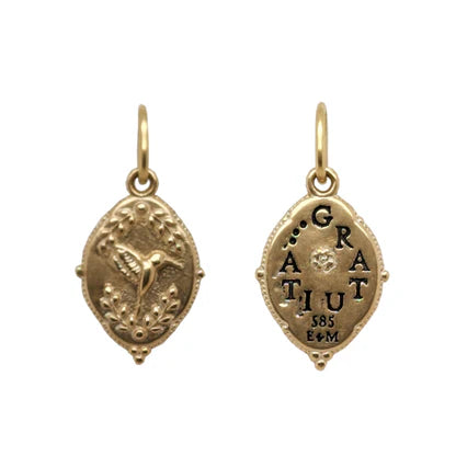 Small Ornate Oval Hummingbird Charm in Yellow Gold