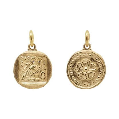 Owl + Flower Charm in Yellow Gold