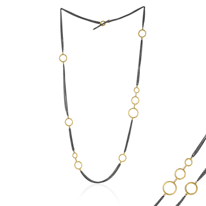 Bubbles Multi Chain Necklace in Oxidized Sterling Silver and Yellow Gold