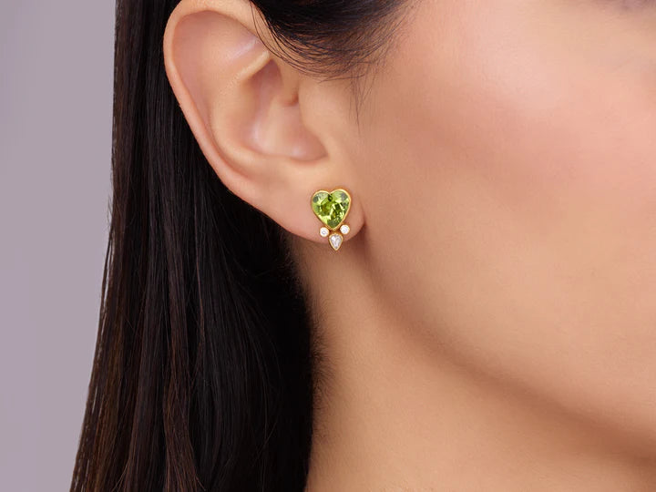 Prism Peridot Heart Stud Earrings in Yellow Gold