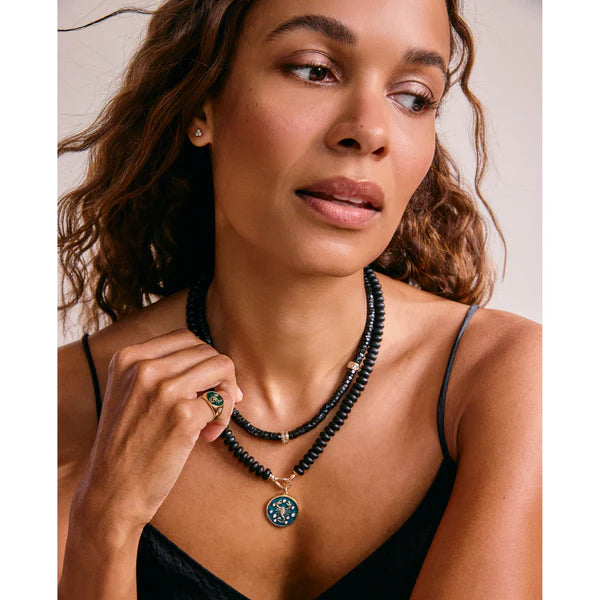 Black Onyx Rondelle Bead Necklace in Yellow Gold