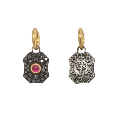 Ruby Baby Pillow Black Diamond Charm in Oxidized Sterling Silver and Yellow Gold