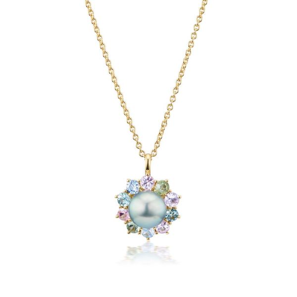 Blue Floral Pearl Pendant in Yellow Gold