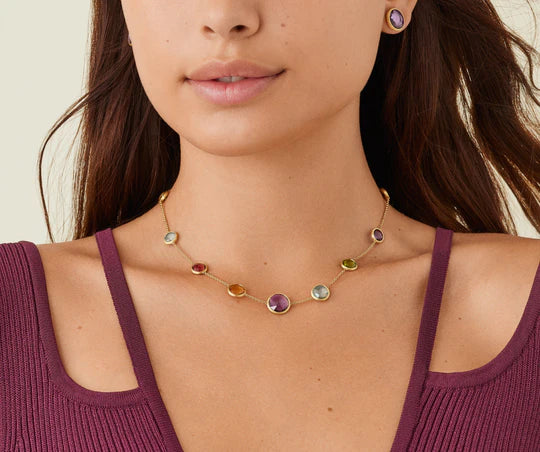 Jaipur Short Mixed Gemstone Necklace in Yellow Gold
