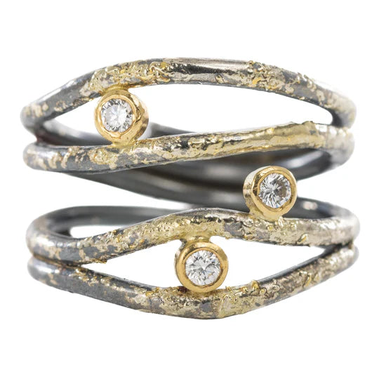 Diamond + Dust Orbit Ring in Yellow Gold and Oxidized Argentium Silver