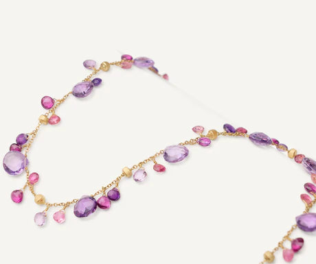 Paradise Amethyst and Pink Tourmaline Long Necklace in Yellow Gold