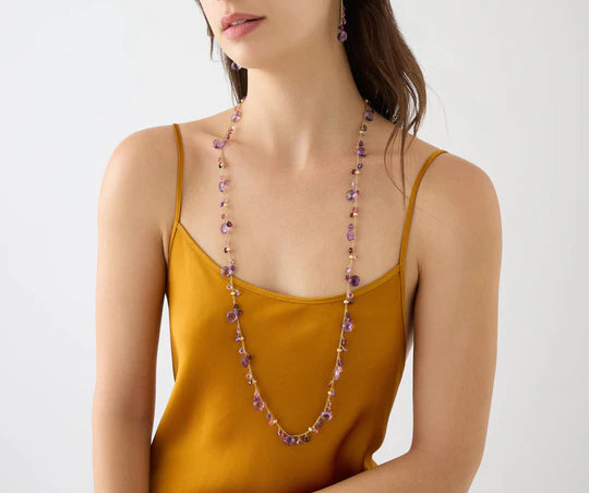 Paradise Amethyst and Pink Tourmaline Long Necklace in Yellow Gold