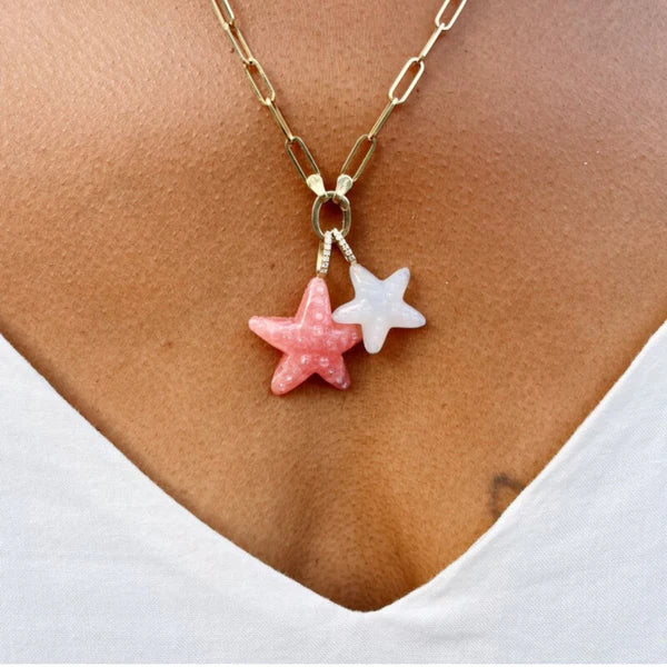 Small White Onyx Sea Star Pendant in Yellow Gold