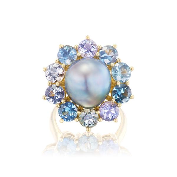 Blue Floral Pearl Ring in Yellow Gold