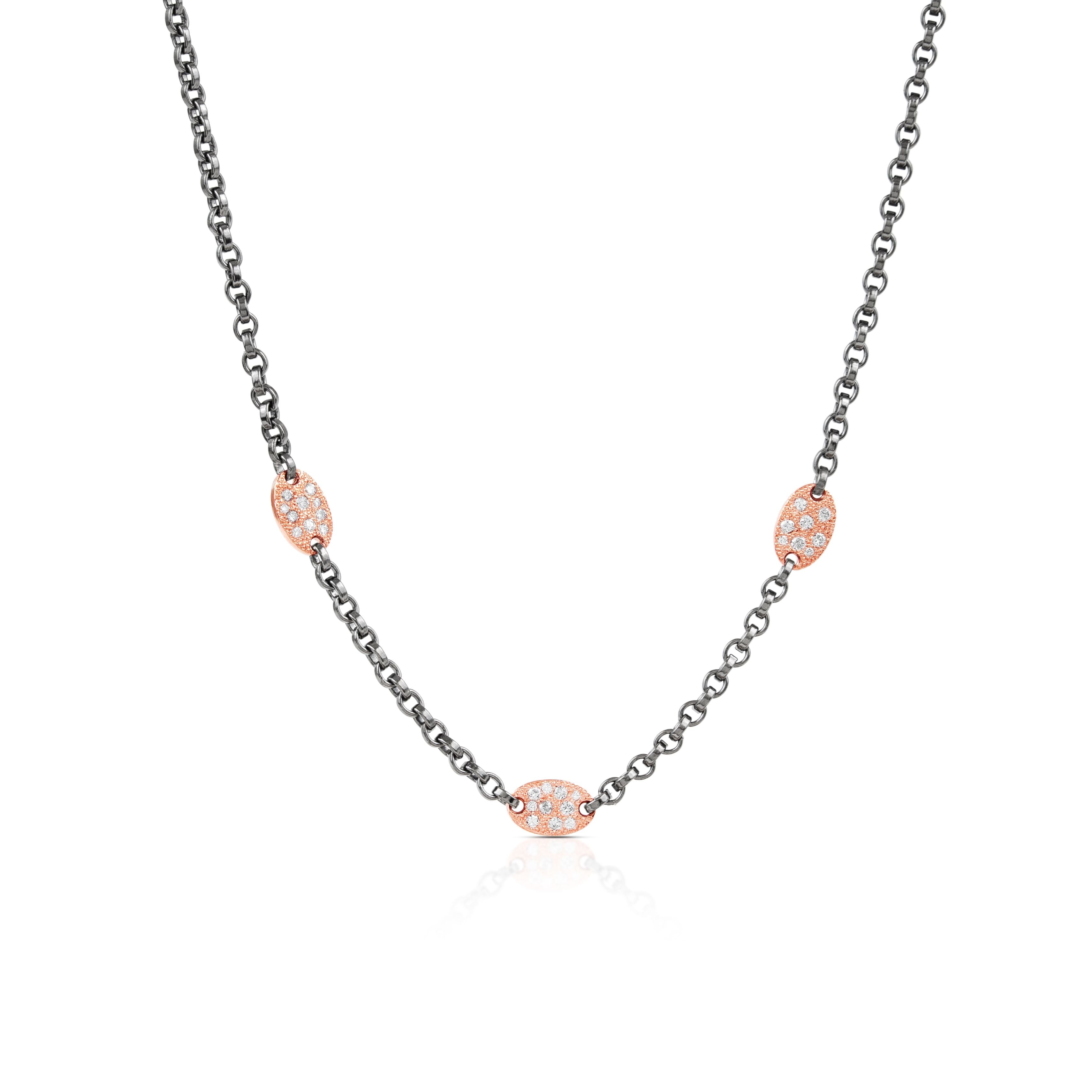 Nasha Oval Station Necklace in Black Rhodium Sterling Silver and Rose Gold