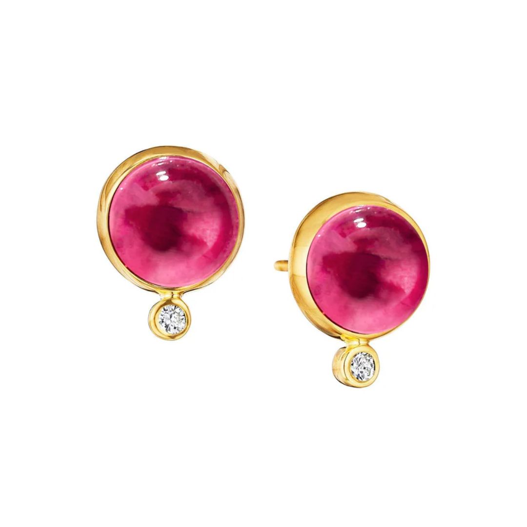 Large Candy Rubellite and Diamond Studs in Yellow Gold