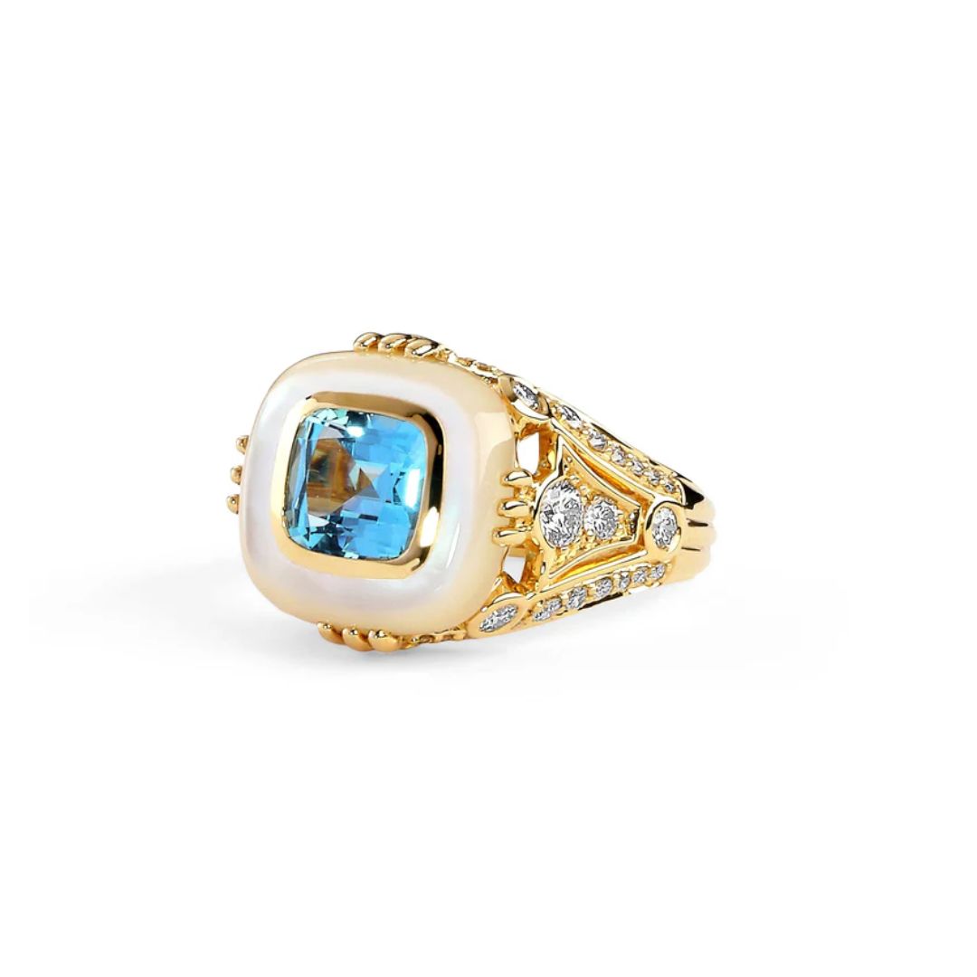 Mogul Blue Topaz Diamond Ring in Yellow Gold